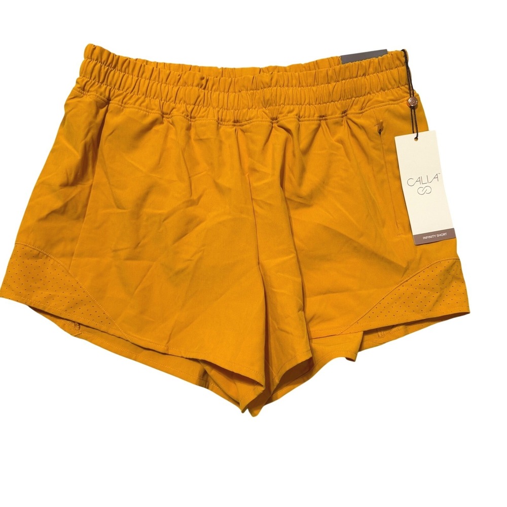 CALIA Infinity Run Shorts Women Small Gold Yellow Mid-Rise 3" Inseam Quick Dry